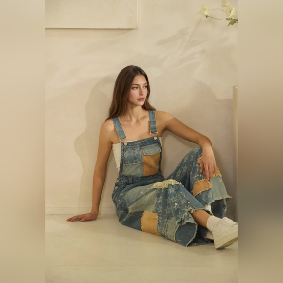 #1374 Oli & Hali Boho Starlight Patchwork Wide-Leg Denim Overalls - Picture 7 of 8